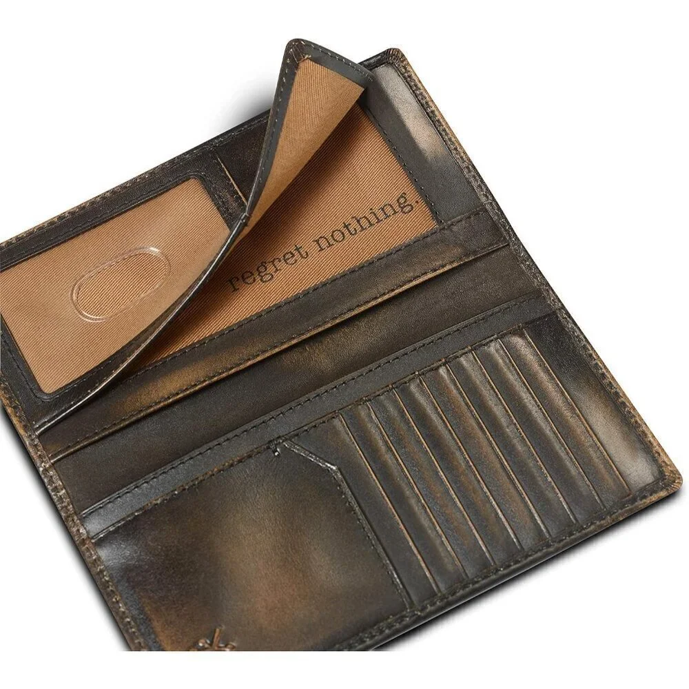 🆕Men Brown SKULL Long Wallet Hand Burnished Finish Grain Leather Bifold Wallet